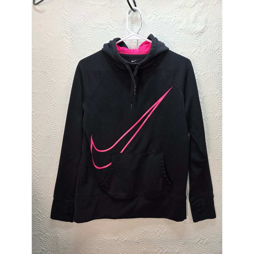 Nike Therma Fit Hoodie Women L Black Pink BigSwoosh Excellent Thumbhole Pullover